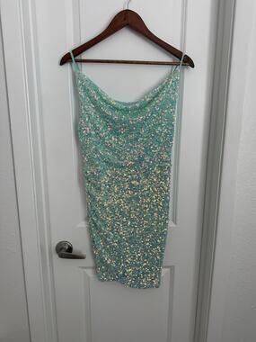 Mable Blue Sequin Cowl Neck Bodycon Mini Dress Glam Size Medium